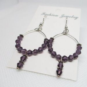Stainless Steel Hoop Dangle Earrings with 4 mm Bicone Crystal Purple Bead